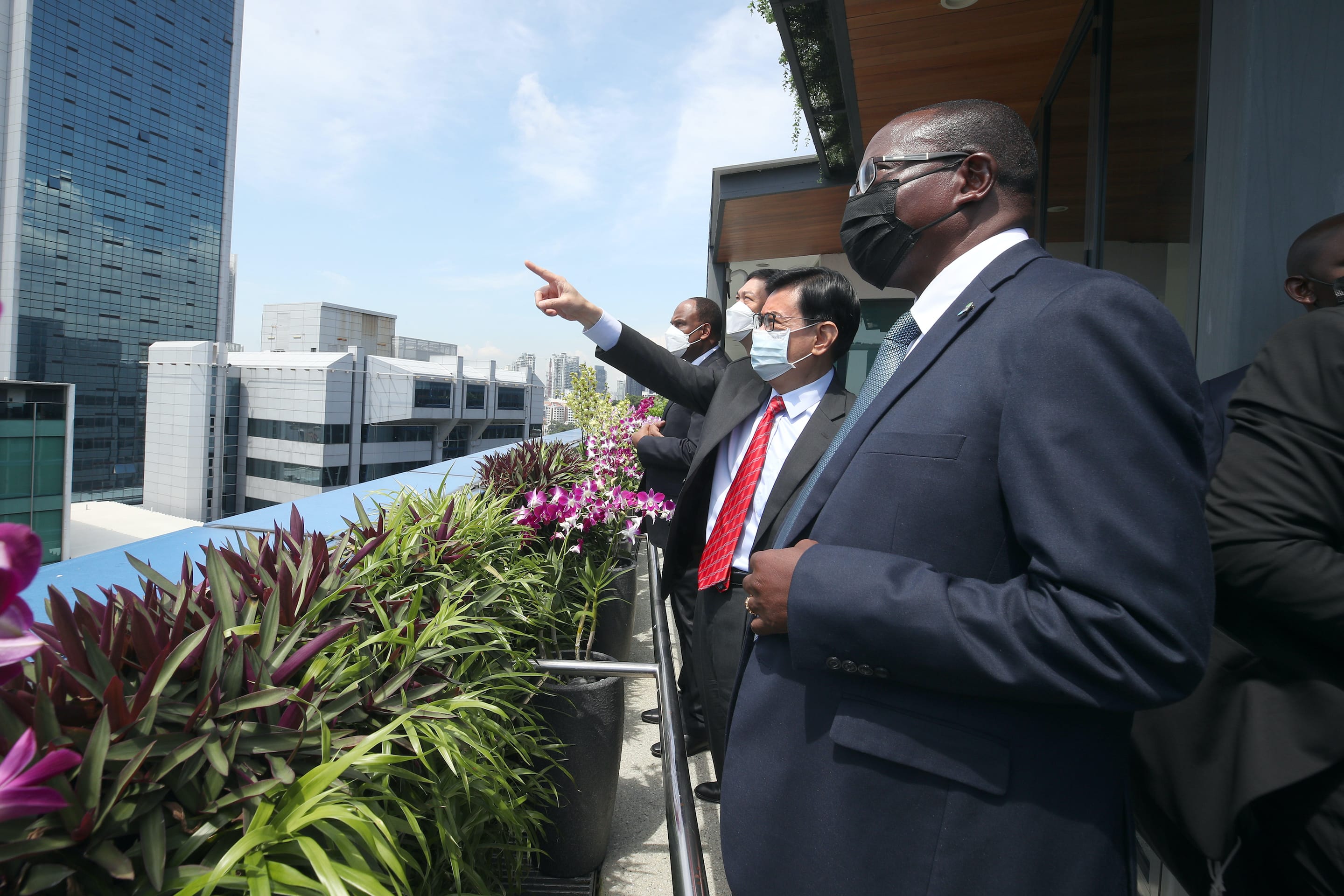 People in suits wearing face masks, standing on a balcony with planters, pointing at city buildings.